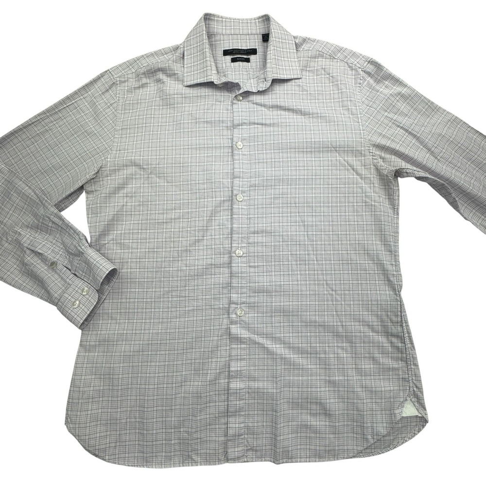 John Varvatos USA Shirt Mens 15.5 32/33 White Gray Check Slim Fit Dress